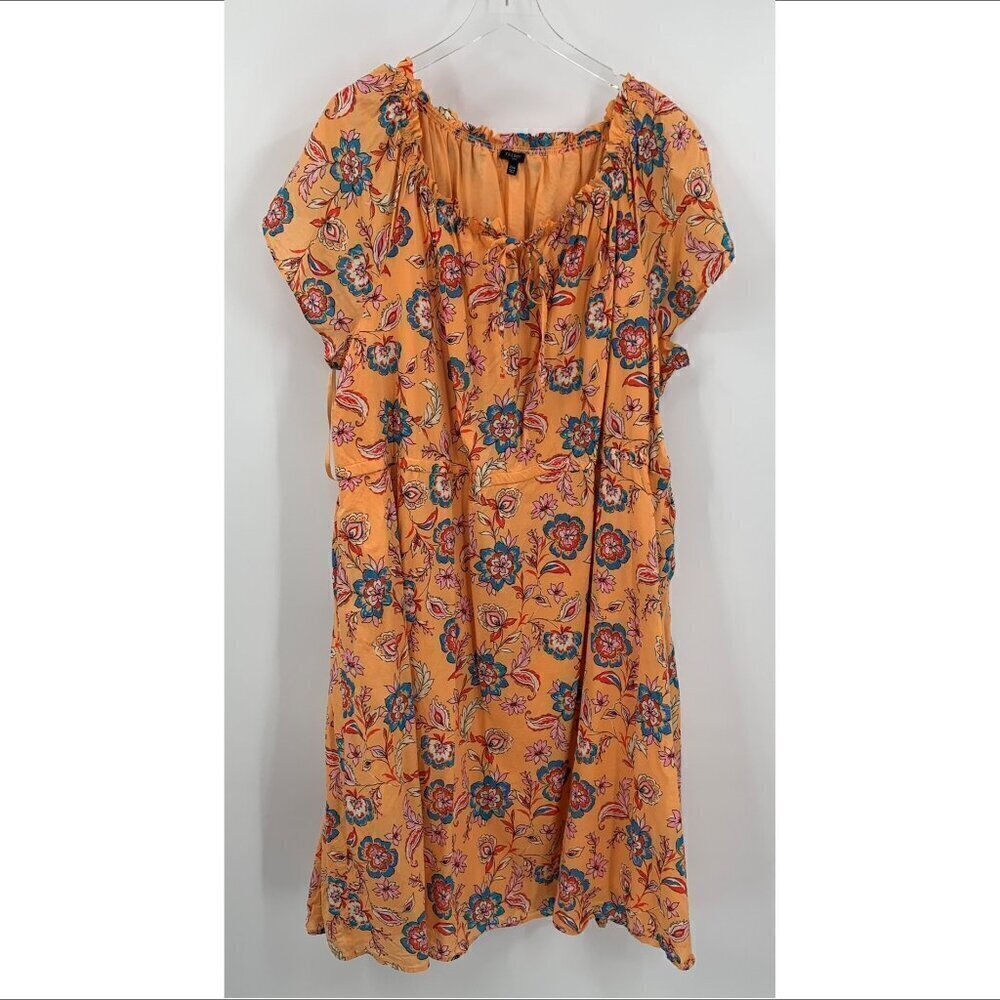 Talbots Plus cotton floral shift dress peach elastic waistband 22W